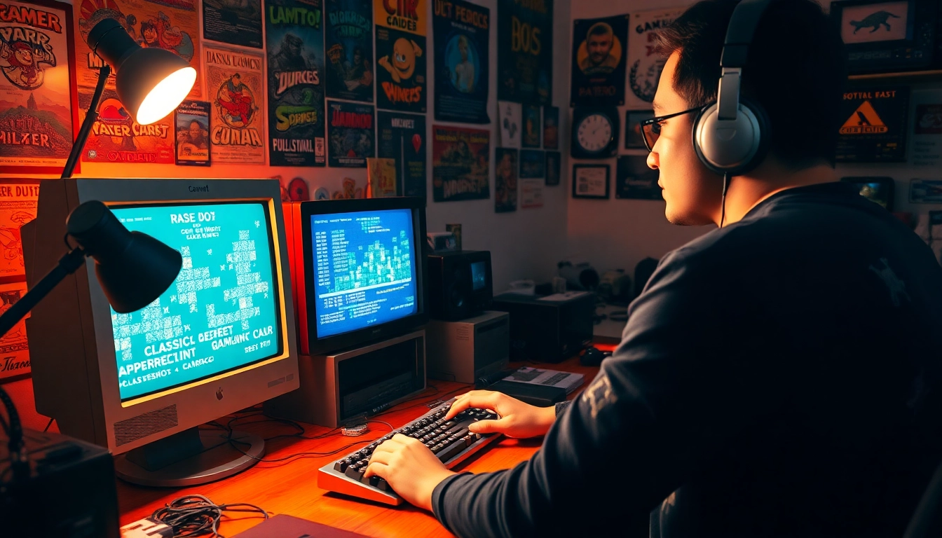 Play DOS games on a vintage setup with a nostalgic atmosphere and classic gaming elements.