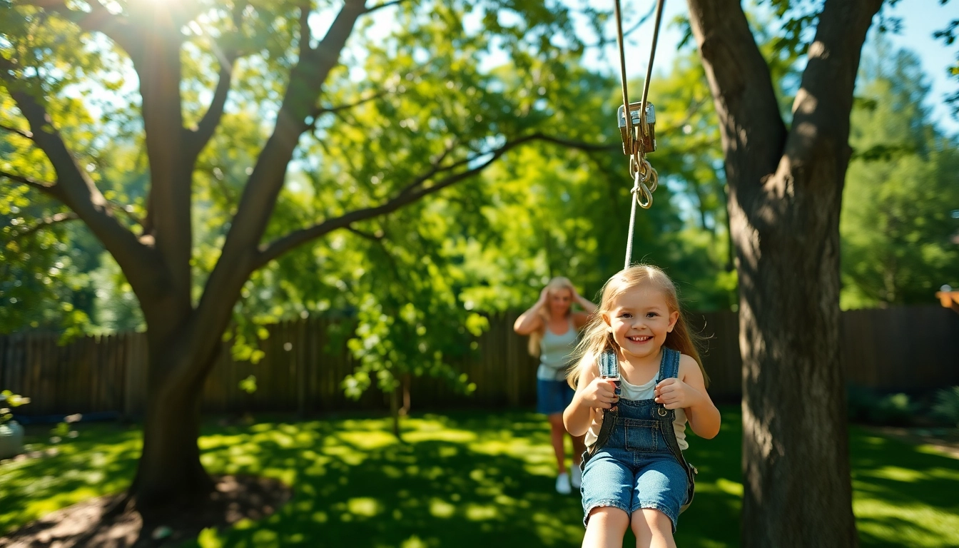 Child enjoying the ZIP WIRE KIT in a sunny backyard, showcasing safe and fun outdoor adventure.