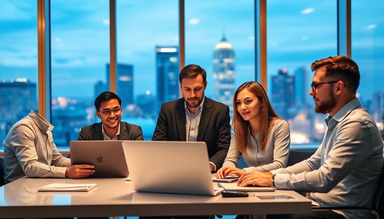 Engaged managed IT provider team strategizing in a modern office space with tech-focused elements.