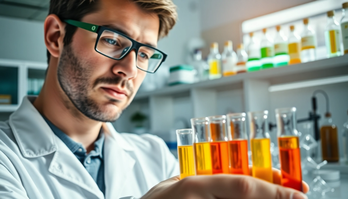 Synthetic Cannabinoids researched in a lab with colorful vials, emphasizing scientific study.