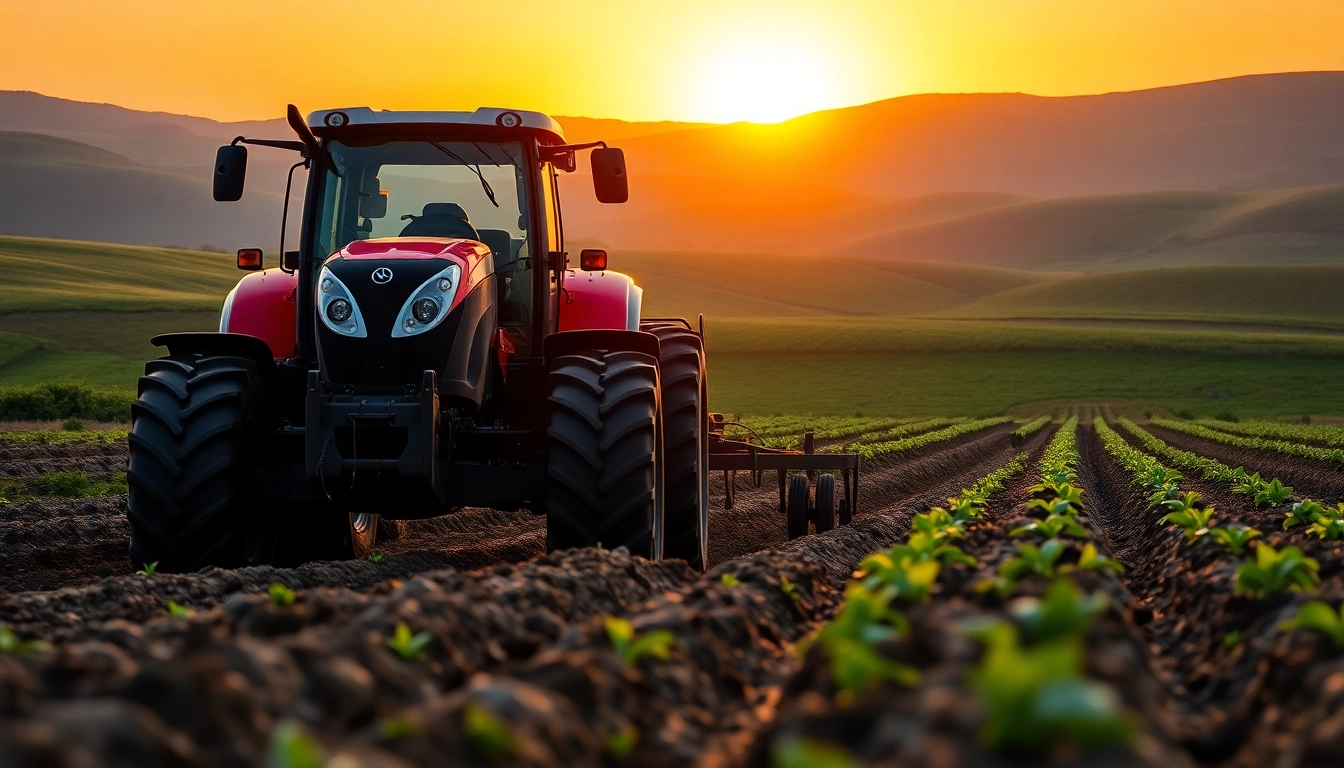 Massey Ferguson Traktor bei der Bearbeitung eines Feldes in einer malerischen Landschaft.