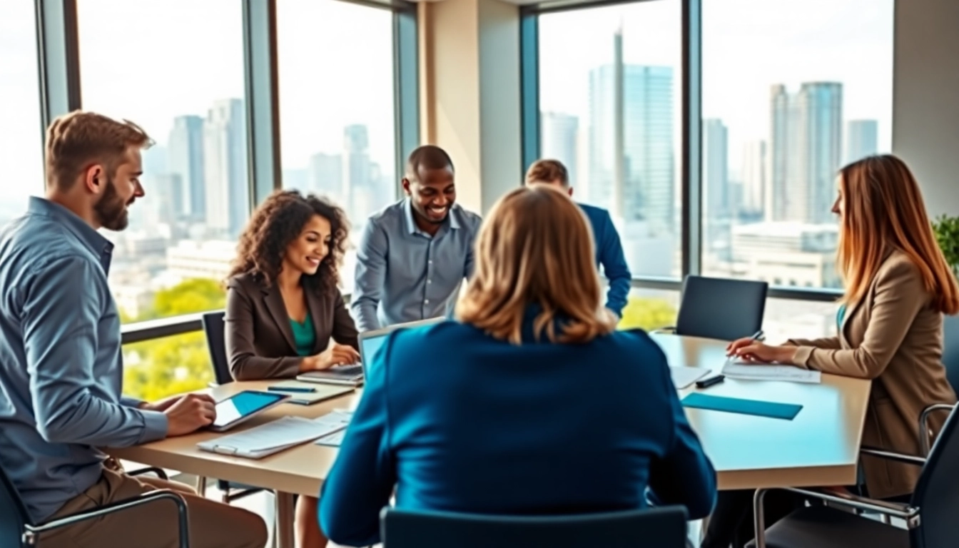 Engaged professionals collaborating in property management strategies in a modern office.