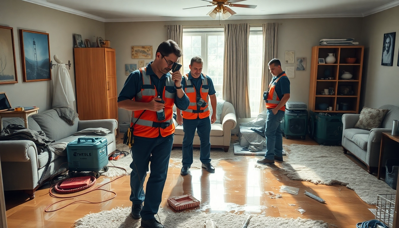 Emergency Restoration team addressing severe water damage in a residential property with professional equipment.
