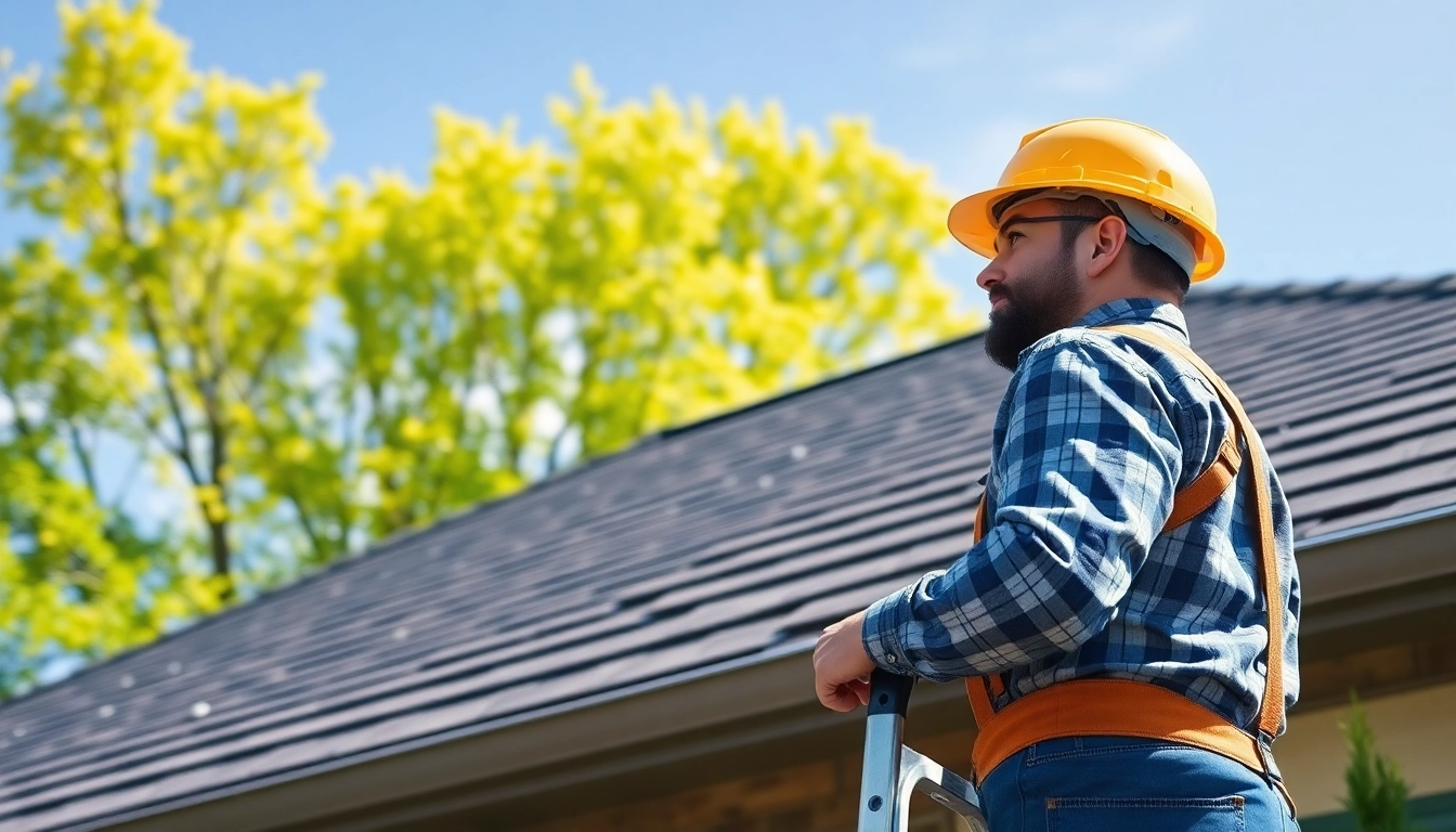 Inspecting a roof repair in Vancouver Wa with a vibrant green background and a bright, clear sky.