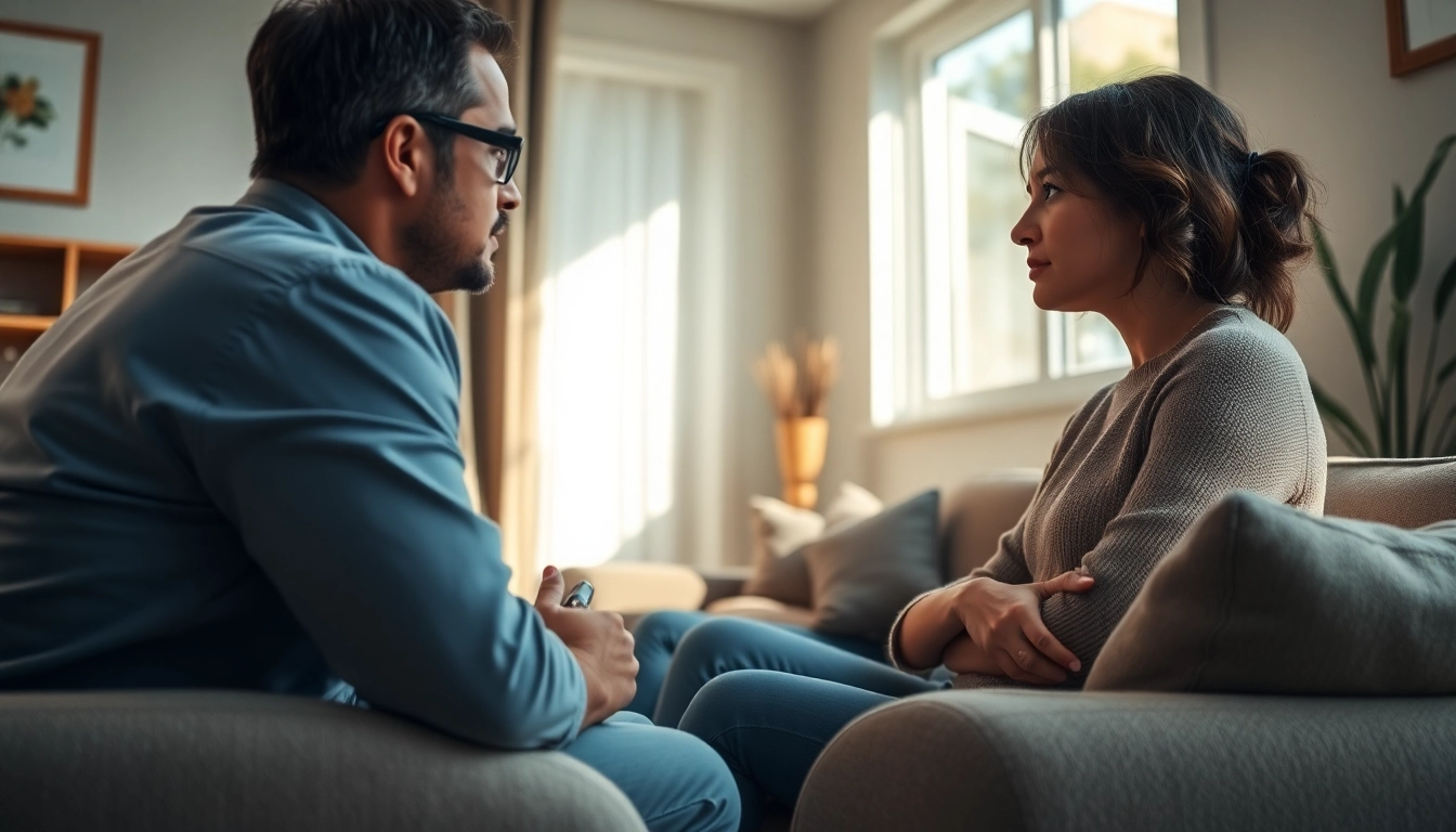 Empathetic scene showing a therapist helping a client cope with a relationship breakup.