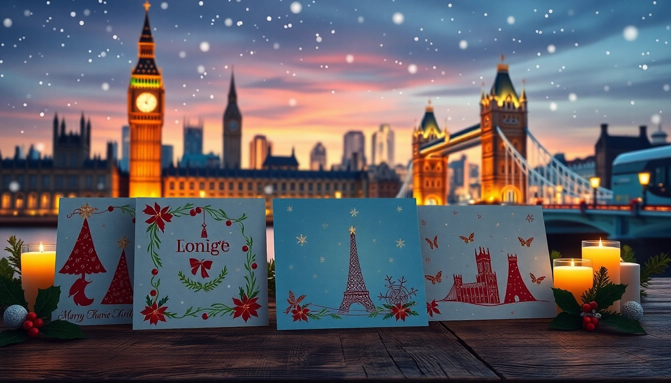 Showcase festive Xmas cards London featuring iconic landmarks and holiday designs.