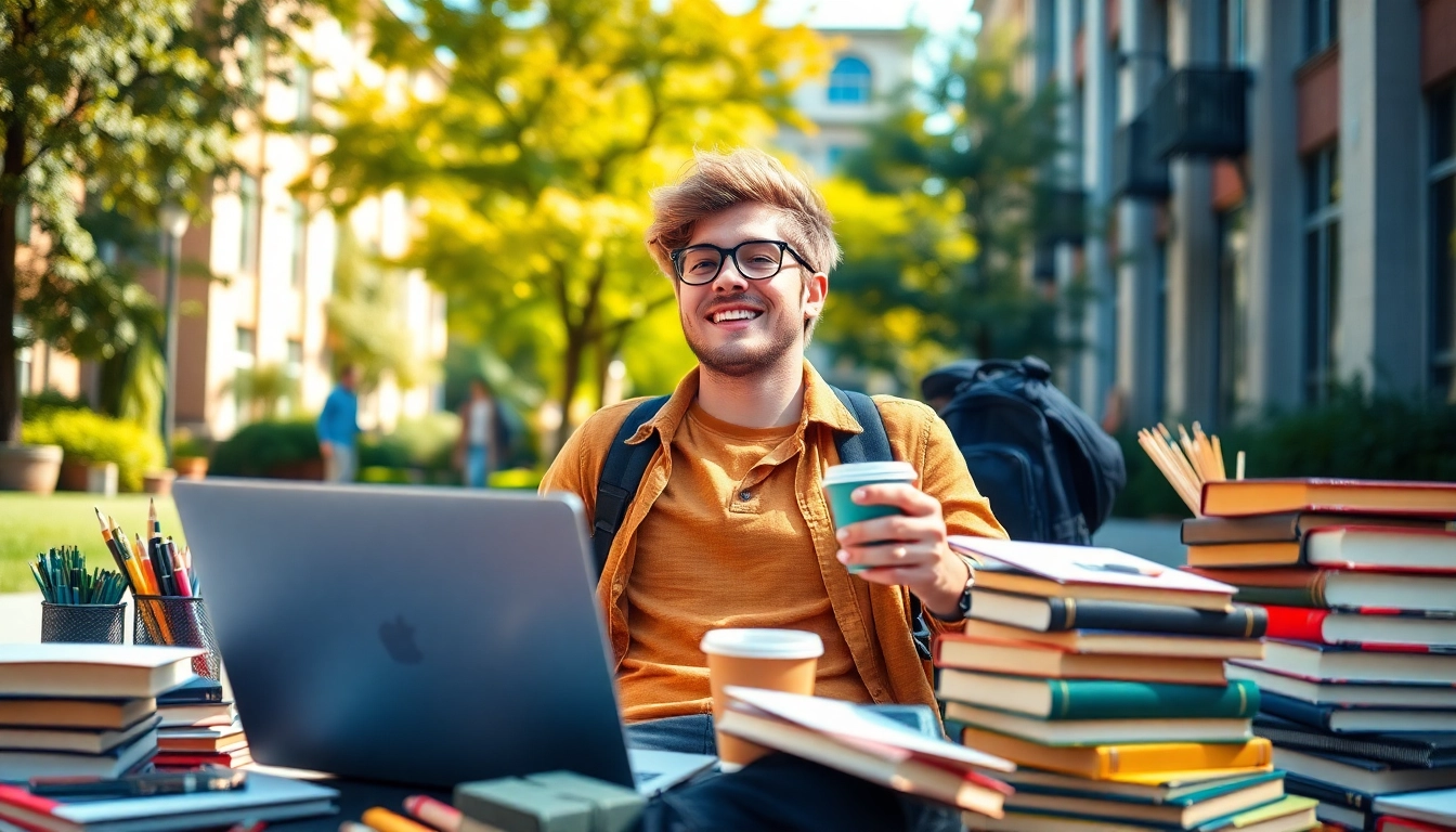 Student exploring various side hustles for students against a vibrant campus backdrop.