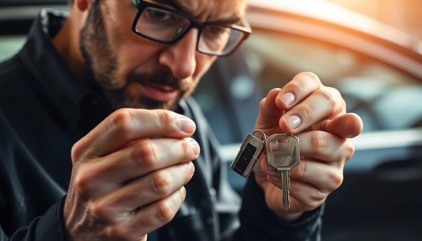 Resolving Lost Car Keys with a locksmith showcasing tools and keys in a professional setting.