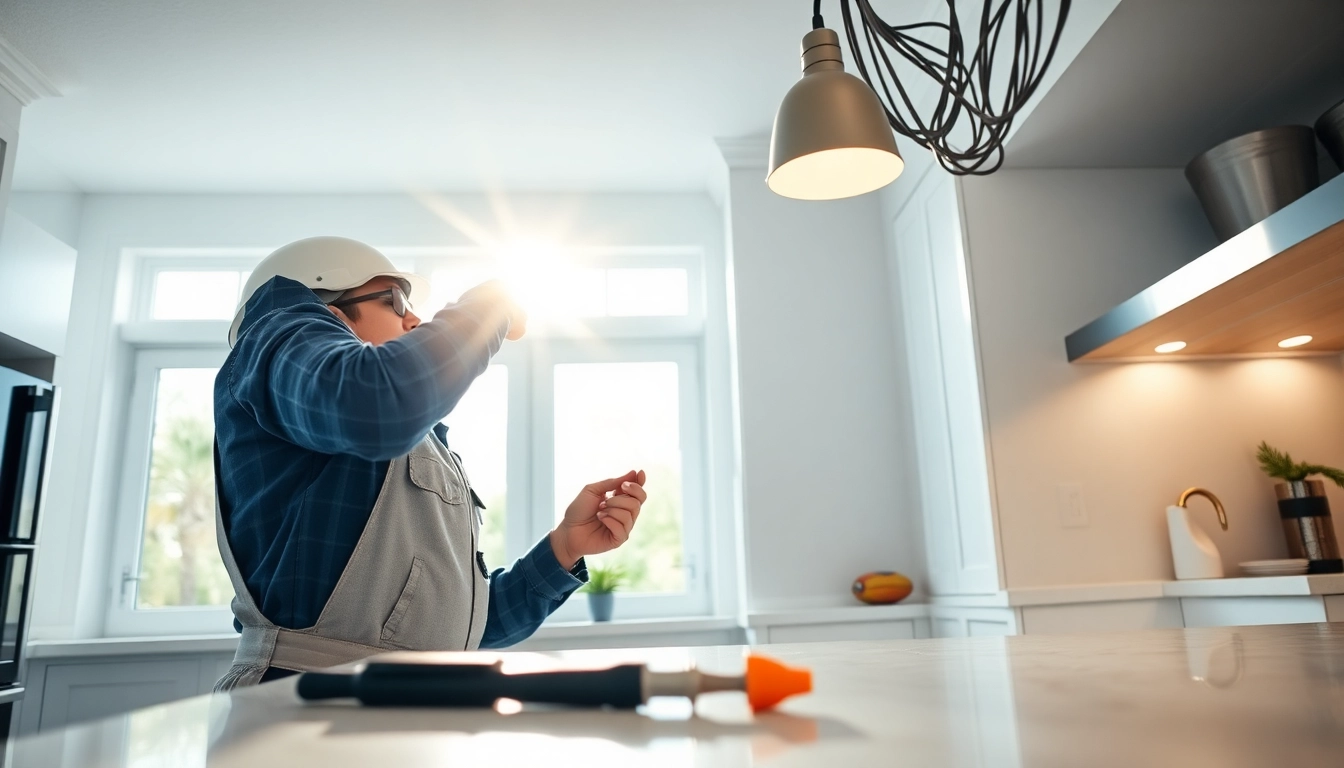 Experienced Electrical Contractor Clearwater inspecting wiring in a modern kitchen.