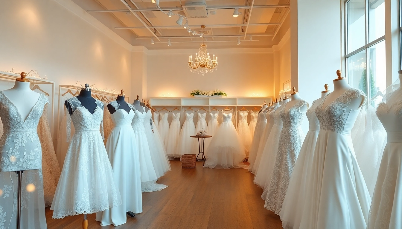 Bridal shops Winnipeg showcasing elegant wedding gowns in a chic boutique setting.