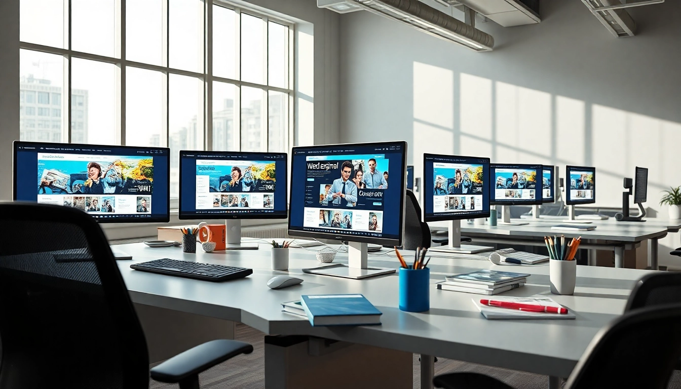 Showcase of website design in a modern, vibrant office space with active design workstations.
