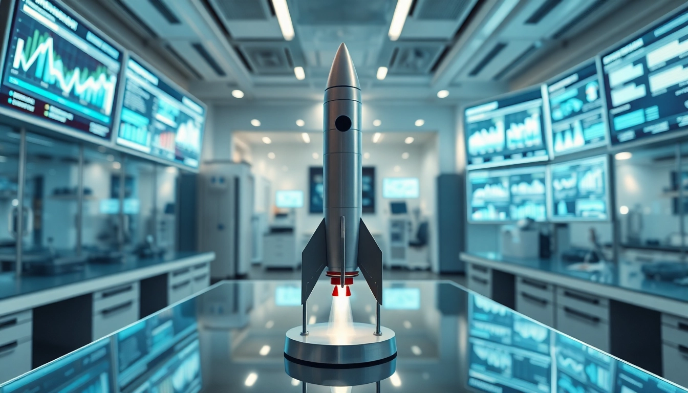 Visualize Revenue Rocket Lab's innovative atmosphere with a futuristic rocket model and data screens.