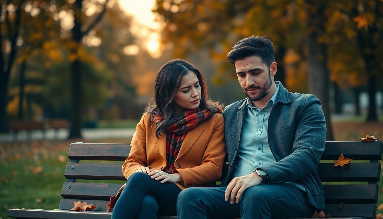 Couple expressing emotions during a relationship breakup in a serene park setting.
