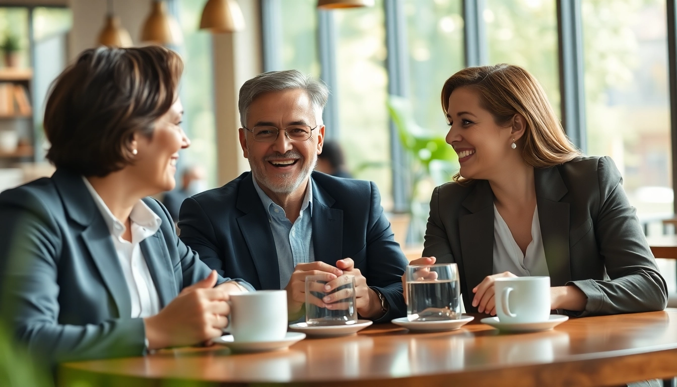 Reconnect with former colleagues over coffee in a bright café, showcasing warmth and friendship.