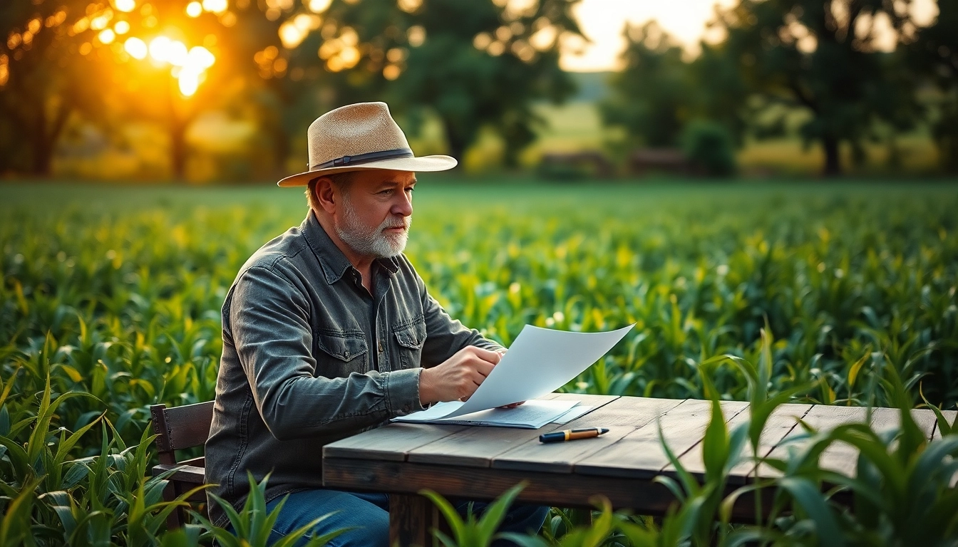 A farmer engaged in agriculture law discussions over a contract in a vibrant green field.