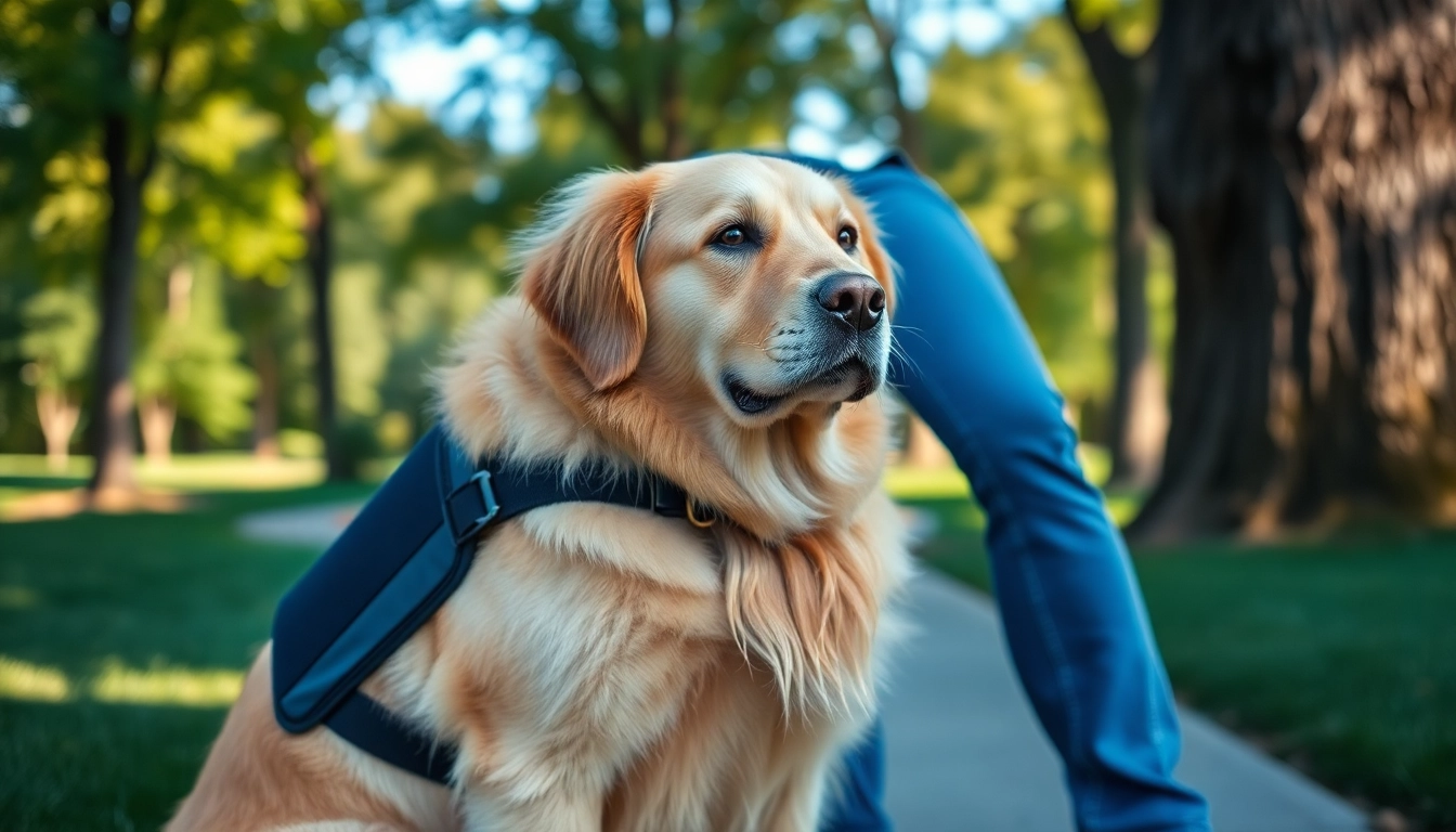 Engage with sturdy PTSD service dogs for sale fostering a supportive bond in a serene park.