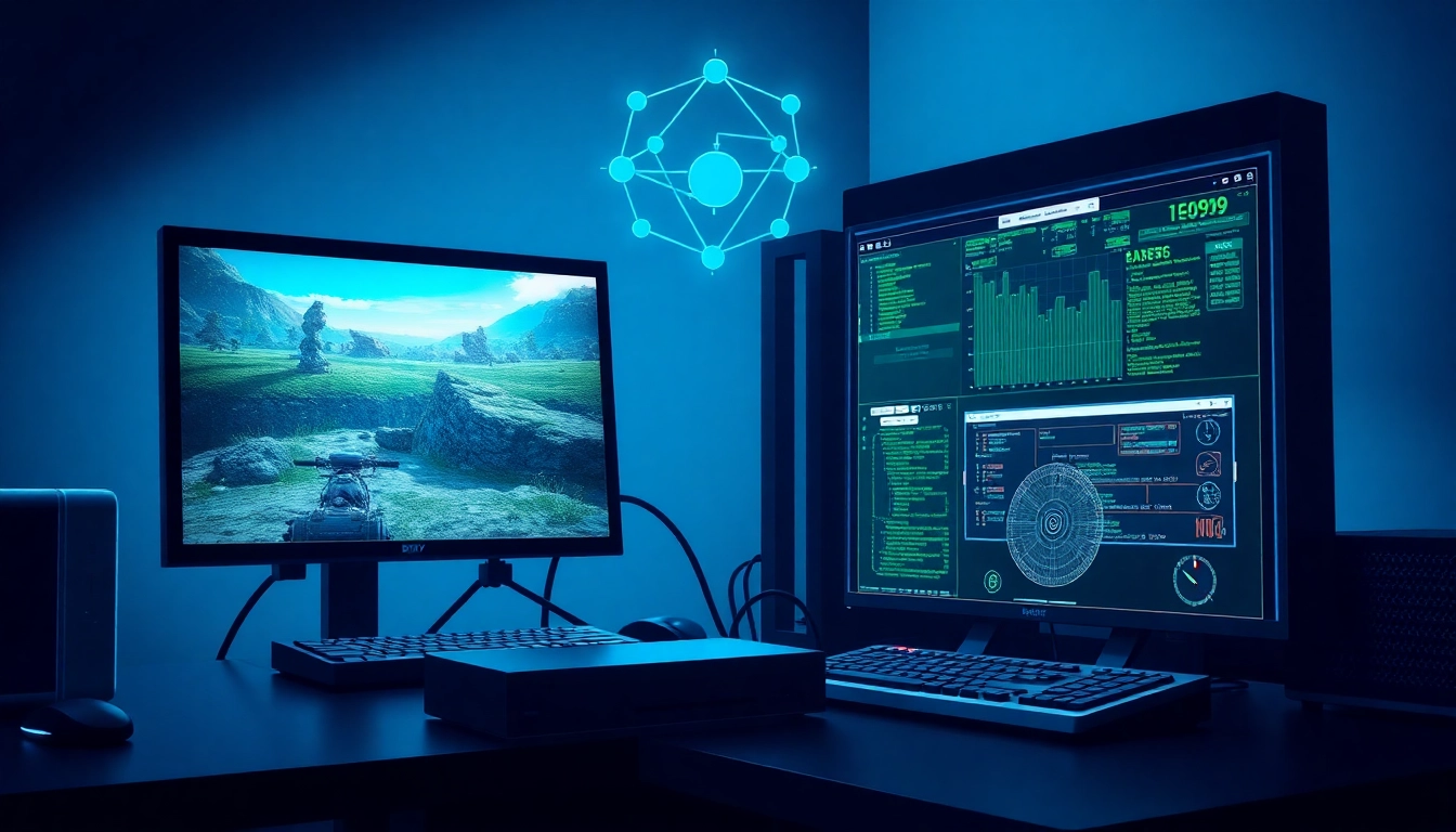 Visual representation of DMA cheats setup with hardware configurations and dual-PC display.