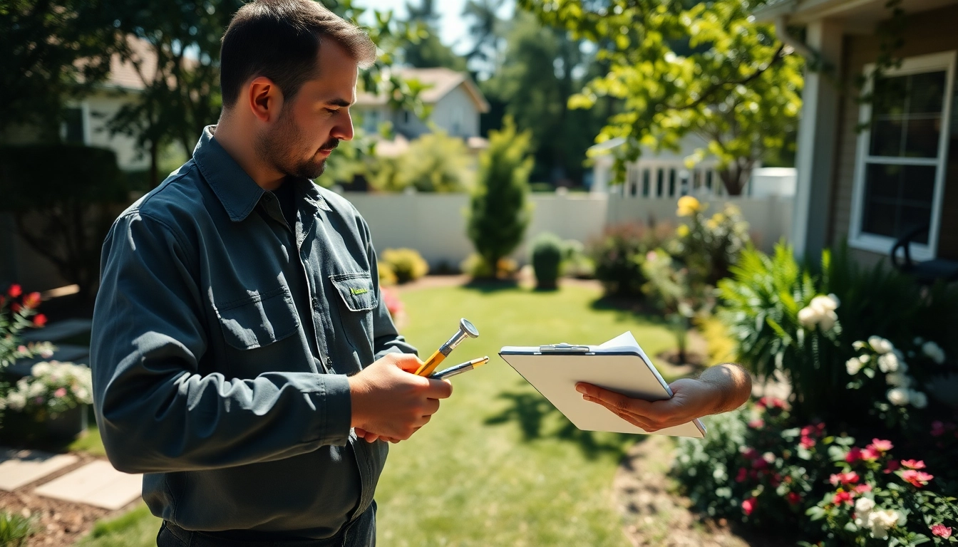 Pest control Sydney professional assessing a residential backyard for infestations in a well-lit setting.