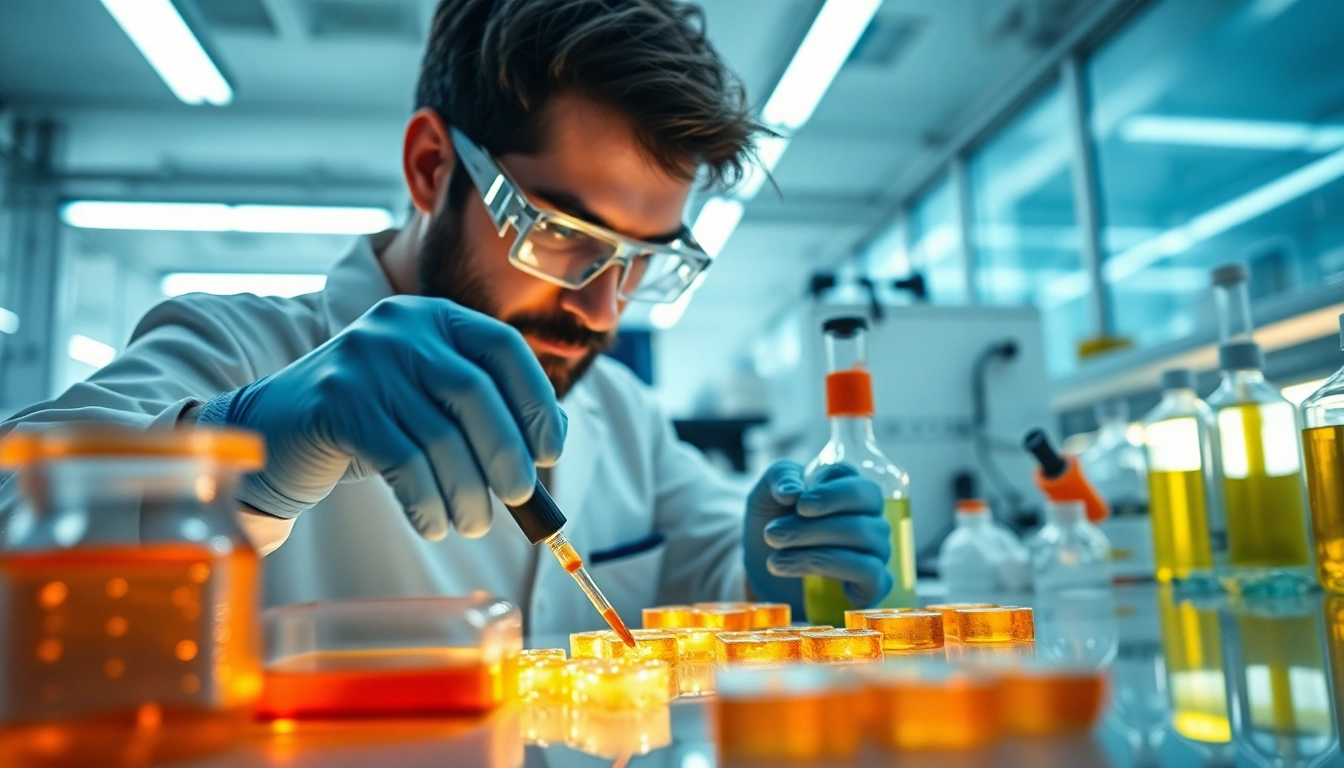 Innovative chemist working with infusion resins in a modern lab setting.