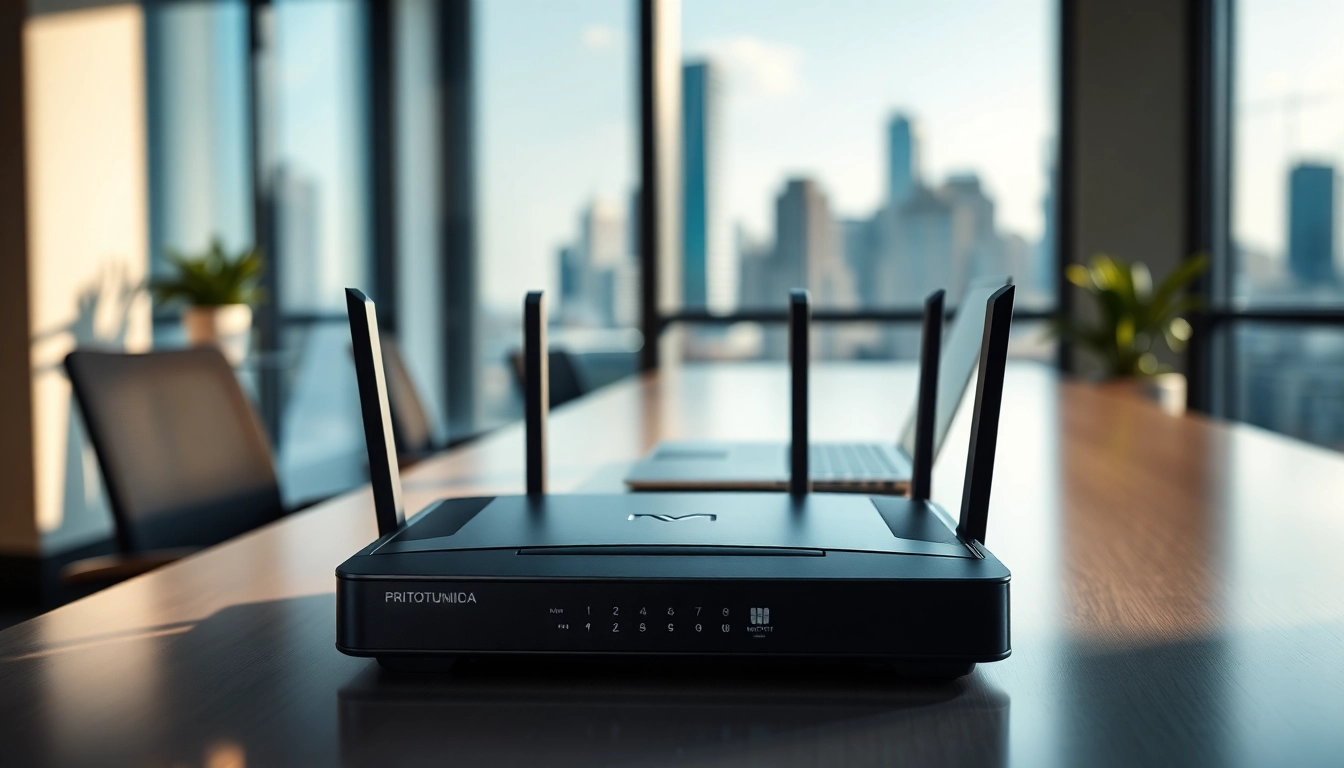 Mikrotik router showcased in a modern workspace emphasizes innovation and technology.