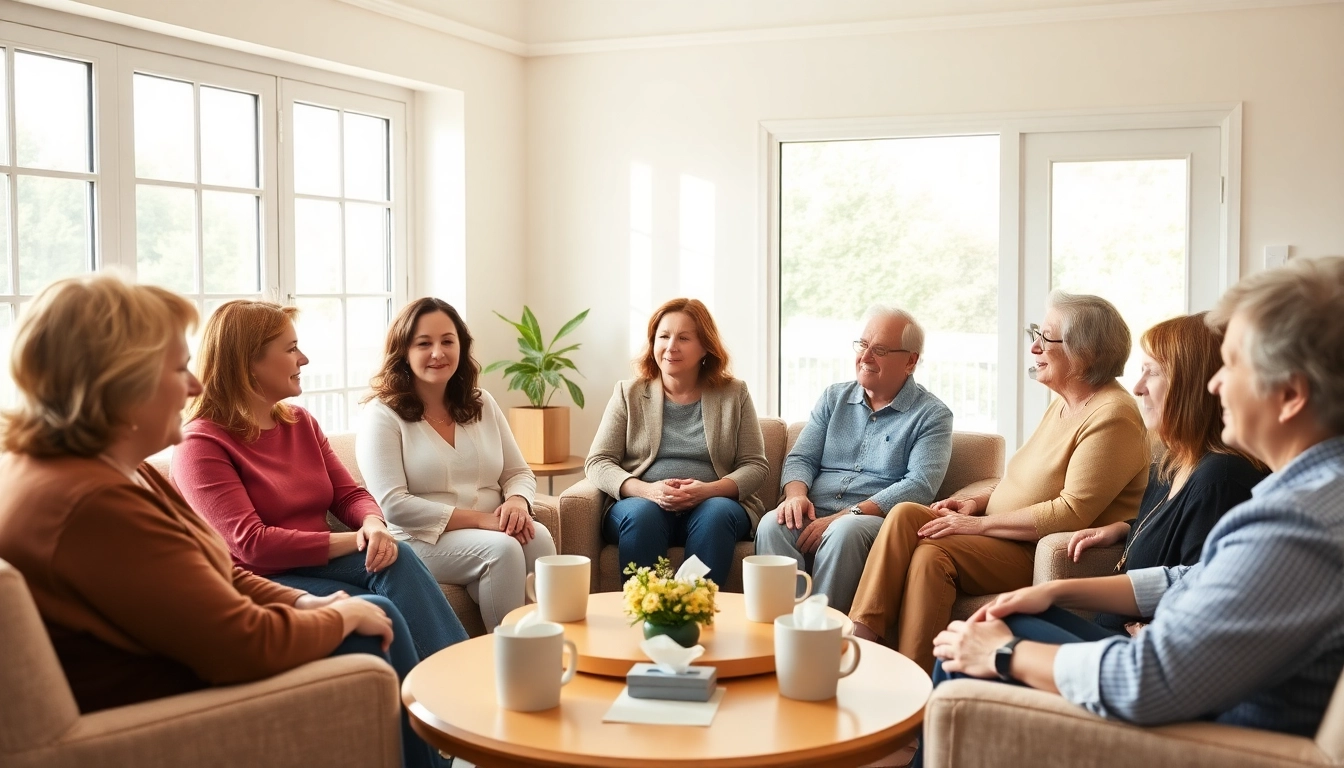 Group therapy session addressing dealing with grief in a supportive communal setting.