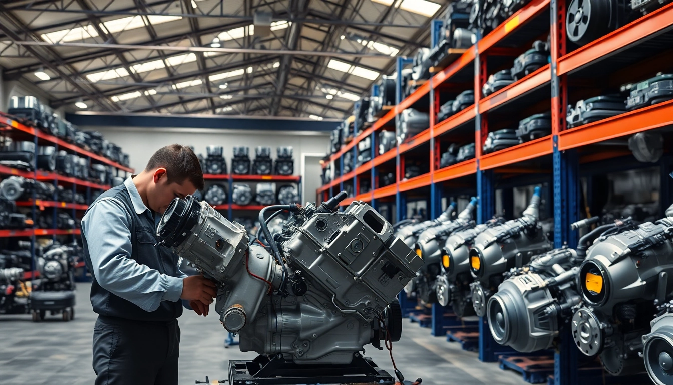 Browse used engines for sale near me in a well-organized auto parts warehouse with a mechanic inspecting engines.