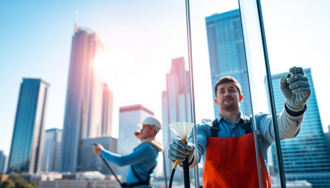 Window cleaners expertly cleaning large glass windows against a bright city skyline