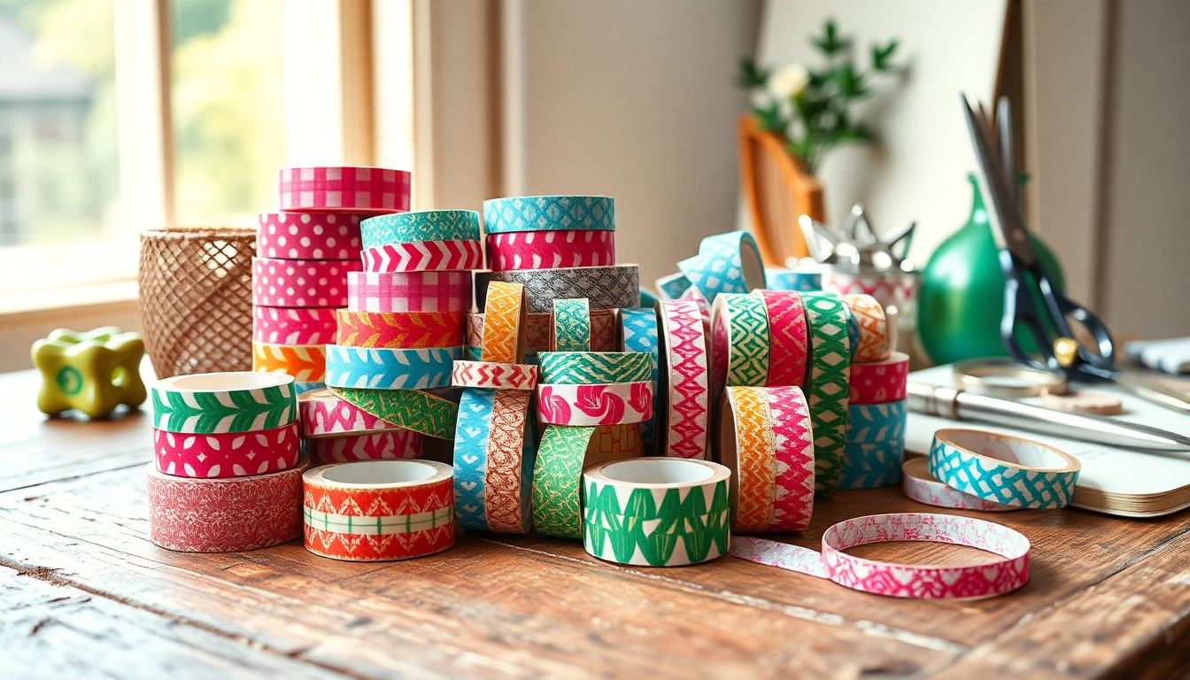 Various colorful washi tape rolls beautifully arranged for crafting inspiration.