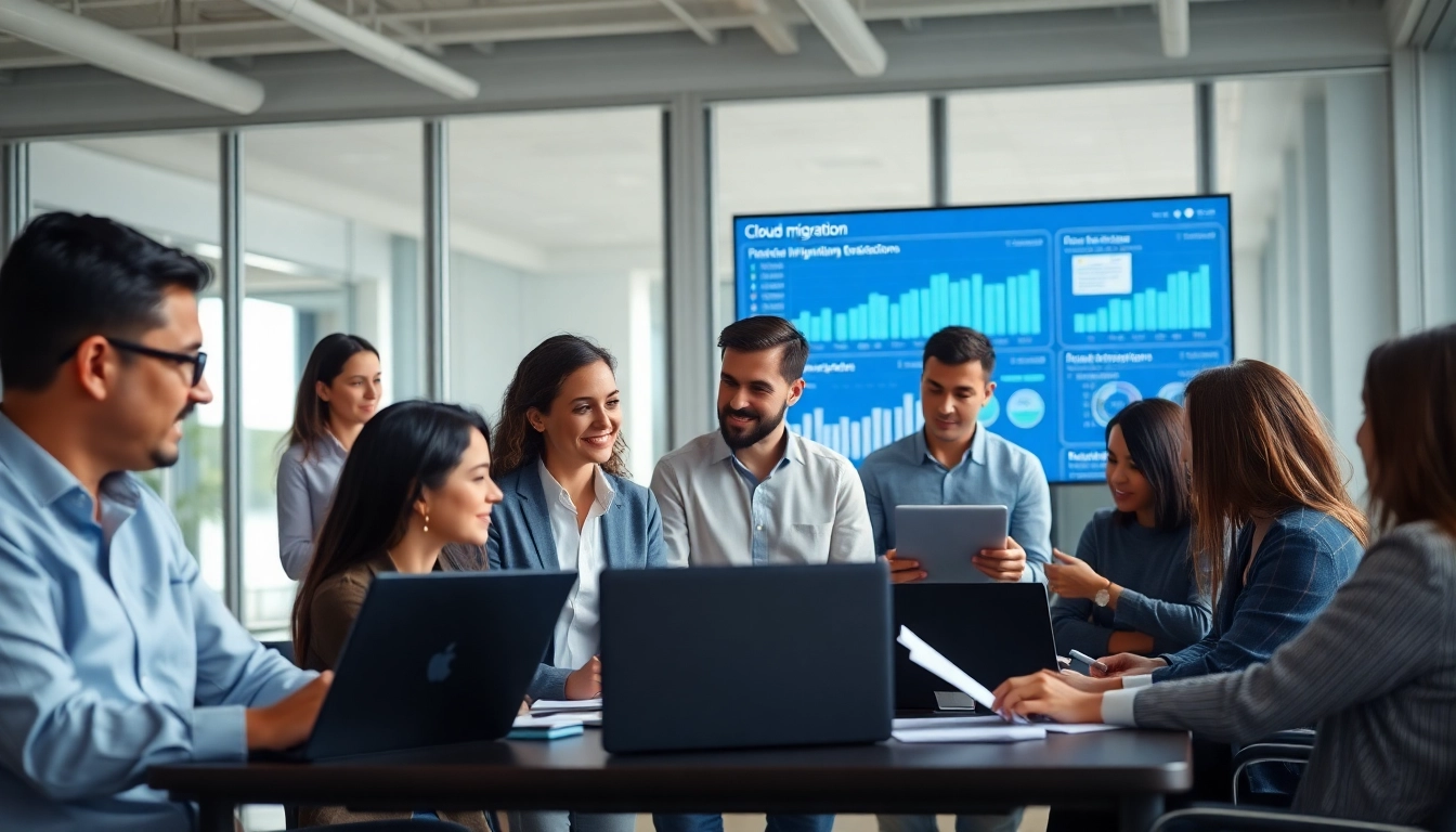 IT specialisten bespreken Cloud migratie strategieën in een moderne kantoorruimte.