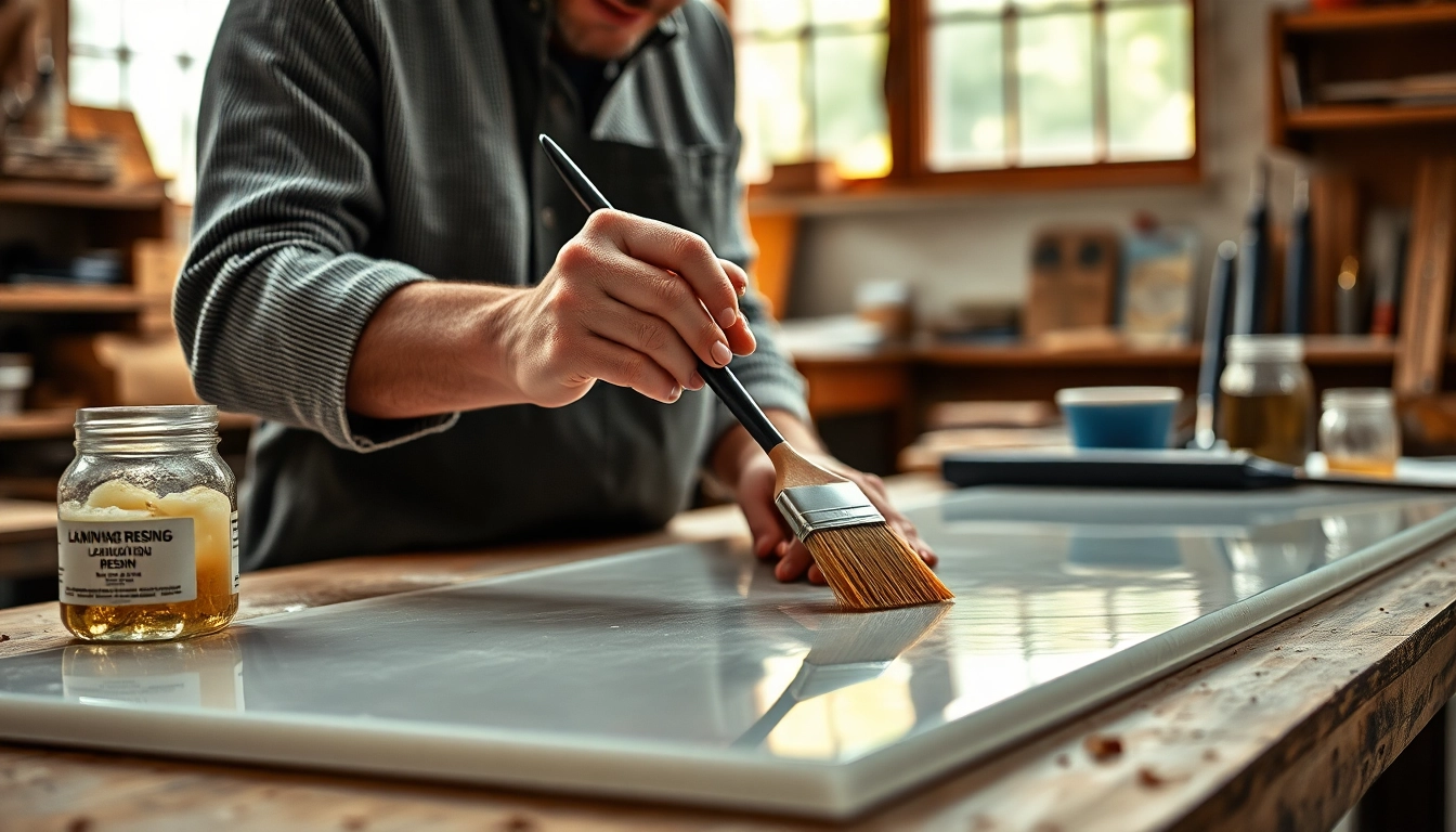 Applying laminating resin to fiberglass sheets in a professional workshop setting.