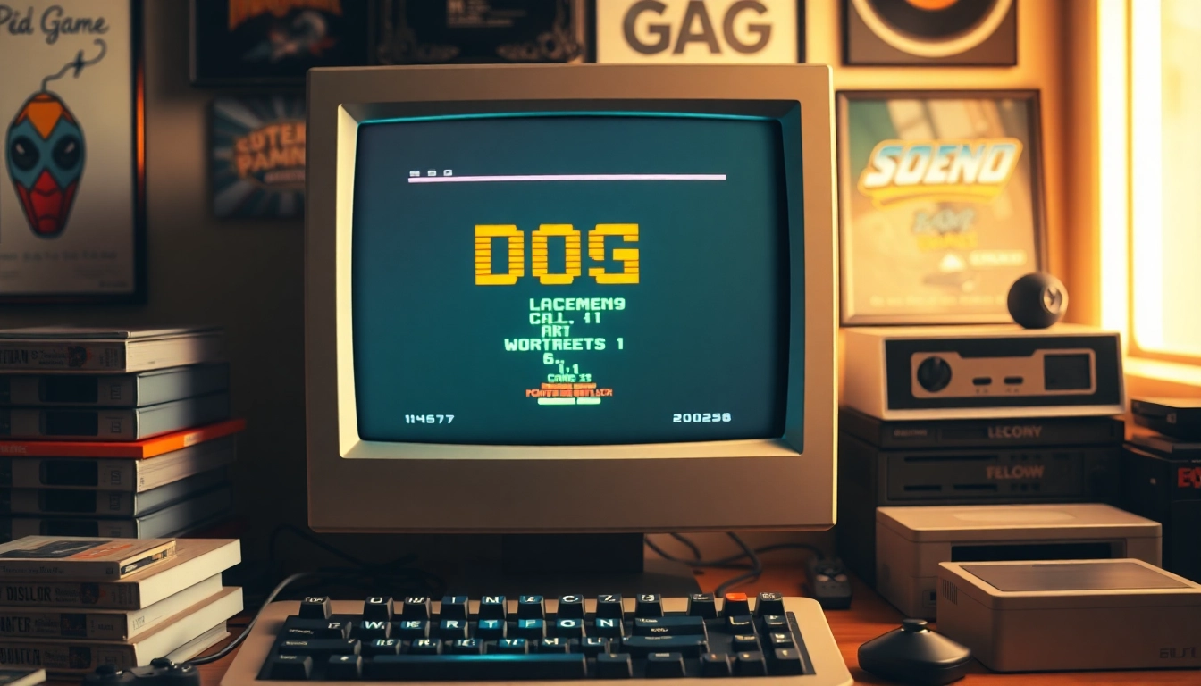 Play DOS games on a vintage monitor with nostalgic gaming memorabilia surrounding it.