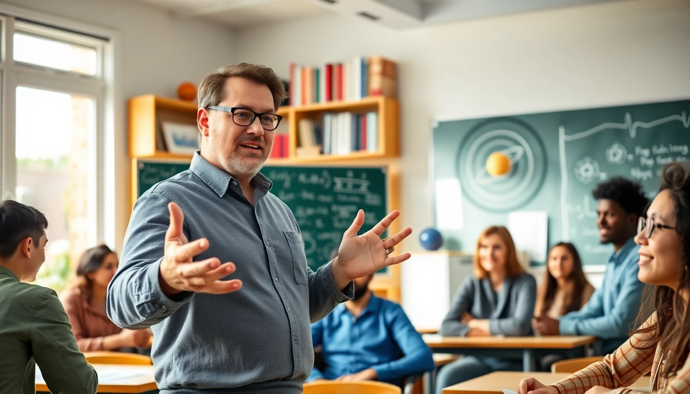 Engaged students in Physics Tuition led by an enthusiastic tutor in a bright classroom.