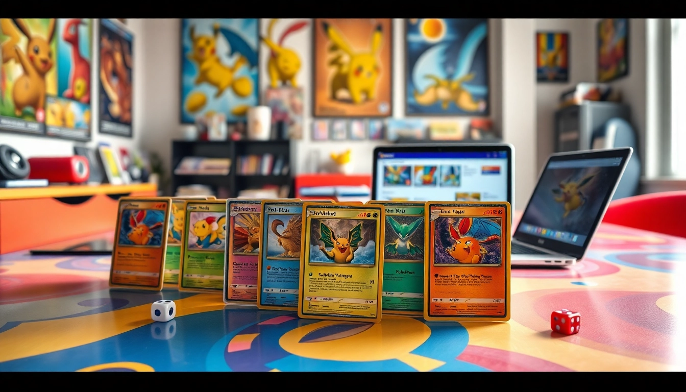 Showcase of real pokemon cards on a gaming table, highlighting their vibrant designs and collectibles.