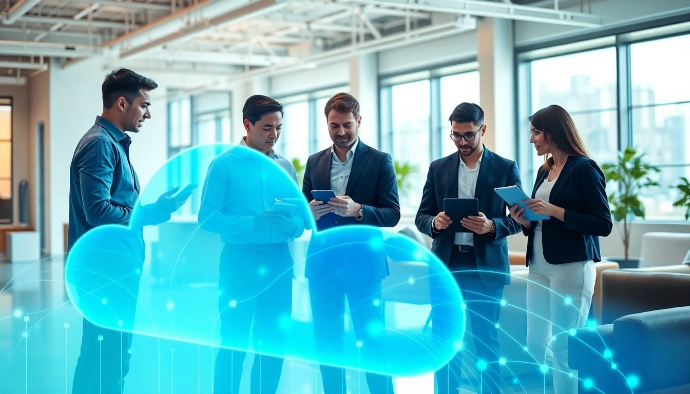 Visual representation of Cloud infrastructure and DevOps services team collaboration in a modern office.