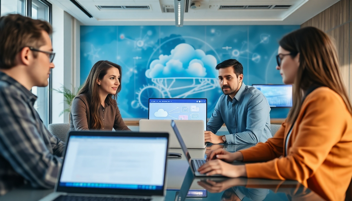 Visualizing cloud infrastructure and DevOps services with a professional IT team collaborating in a modern office.