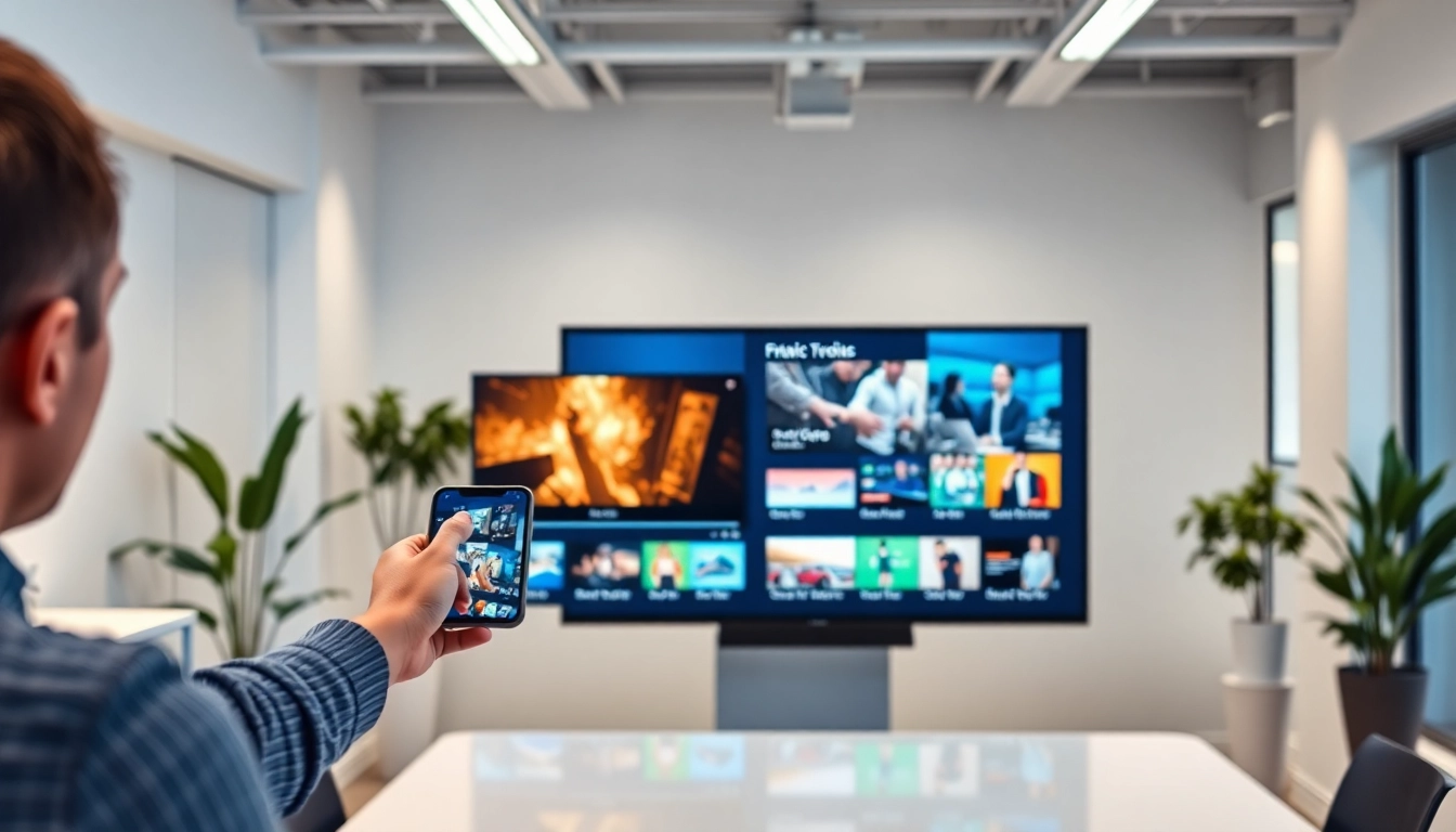 Showcase of a Fire TV digital signage app in a modern office with vibrant displays.