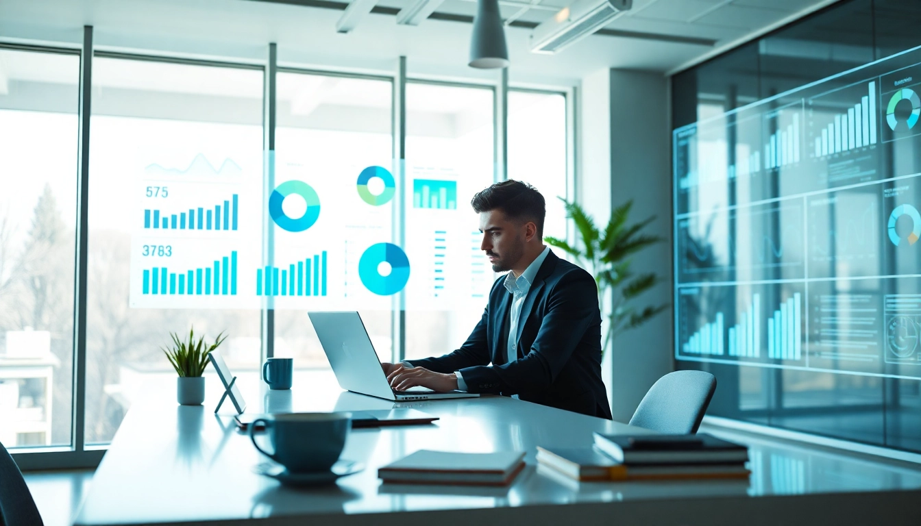 Analyze competitive intelligence data in a modern office setting filled with charts and insights.