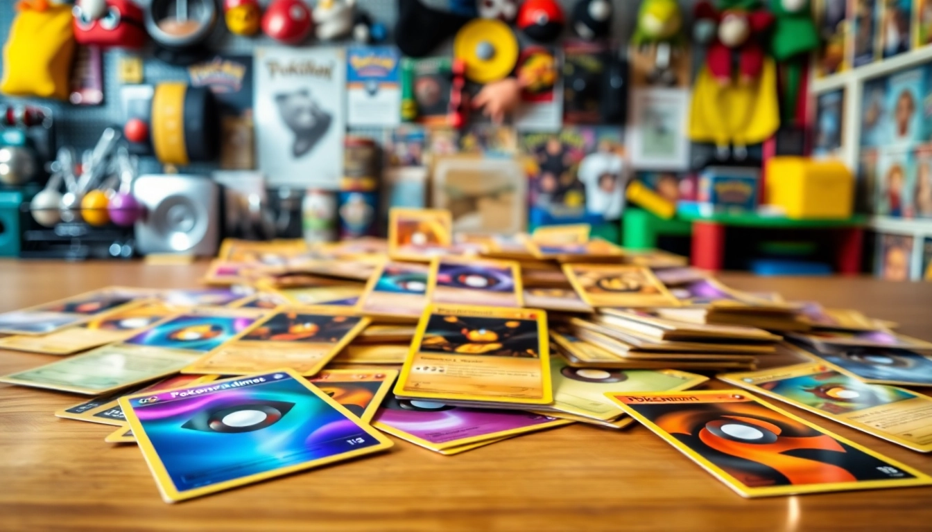 Showcase of real pokemon cards laid out, featuring a vibrant collection with holographic designs.
