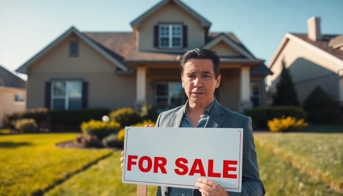 I want to sell my house urgently with a distressed seller holding a For Sale sign outside their home.