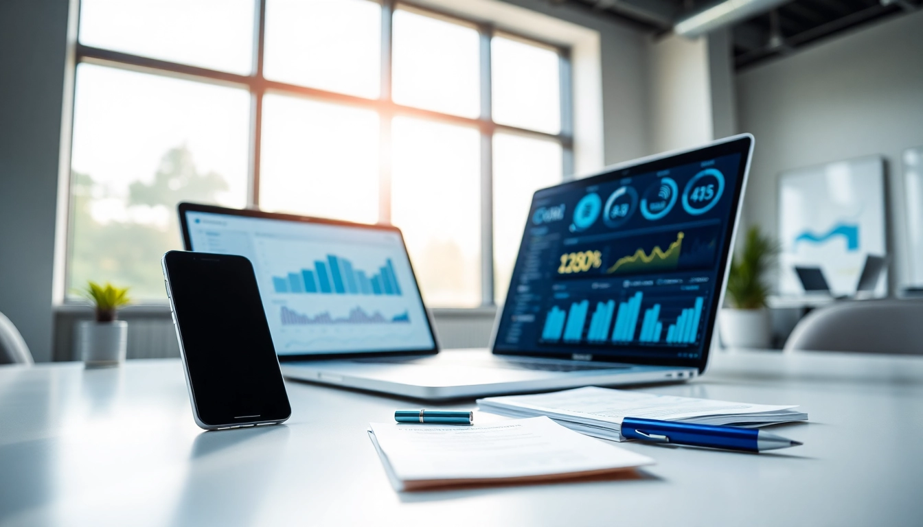 Analyze smm reseller panel metrics on a modern office desk with digital marketing analytics.