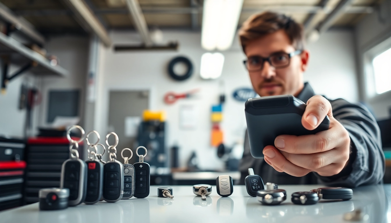 Tech specialist demonstrating Replacement Car Keys at a service desk, showcasing diversity in key designs.