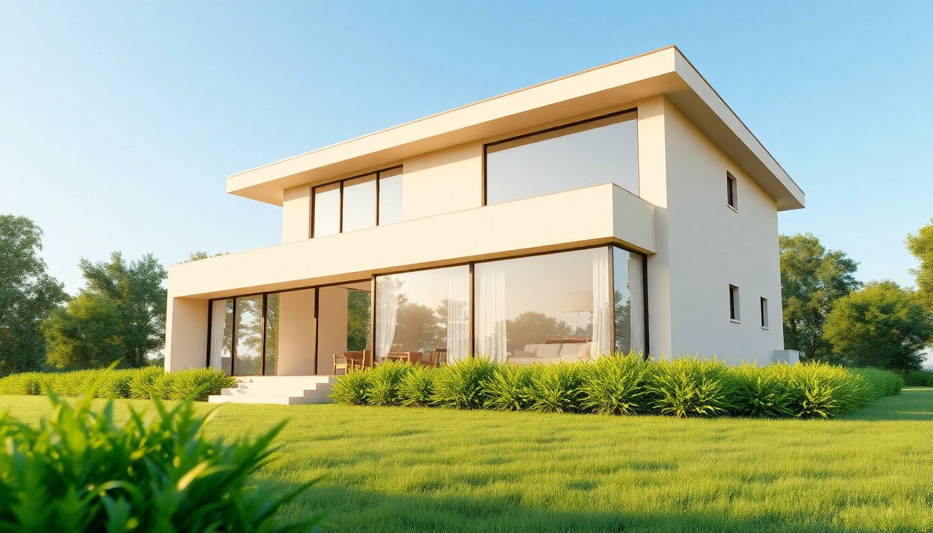 Architekturvisualisierung eines modernen Hauses in einer ruhigen Landschaft mit natürlicher Beleuchtung.