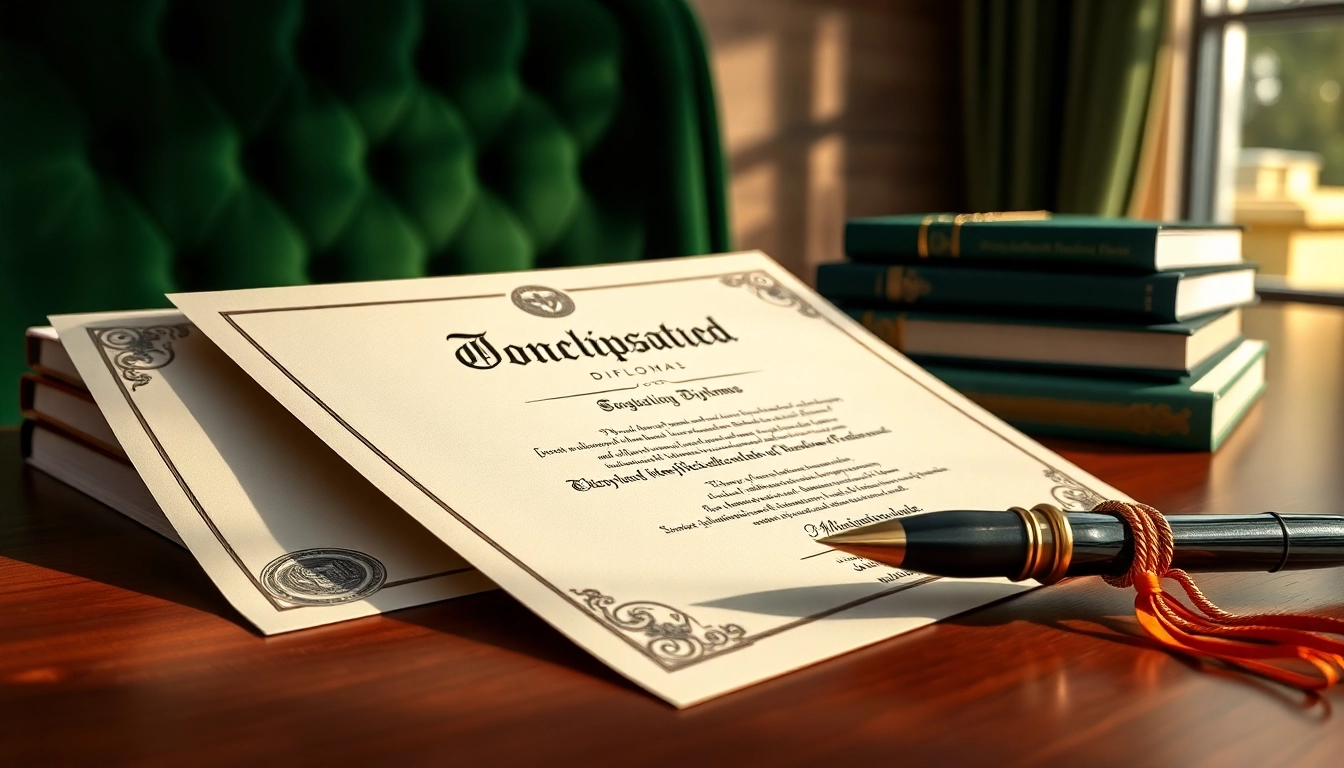 Buy a fake diploma displayed on a desk with elegant props showcasing its quality and authenticity.