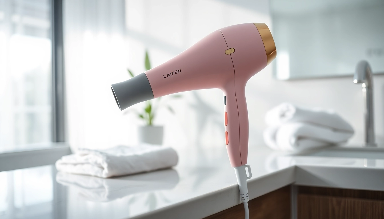 Showcase Laifen hair dryer with sleek design and modern bathroom backdrop for an inviting atmosphere.