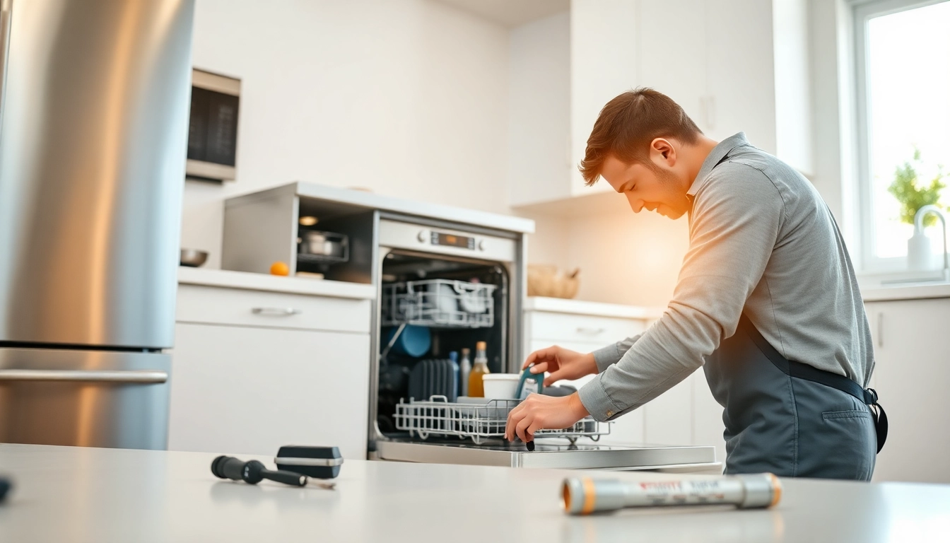 Technician engaged in dishwasher repair, showcasing detailed work in a bright kitchen.