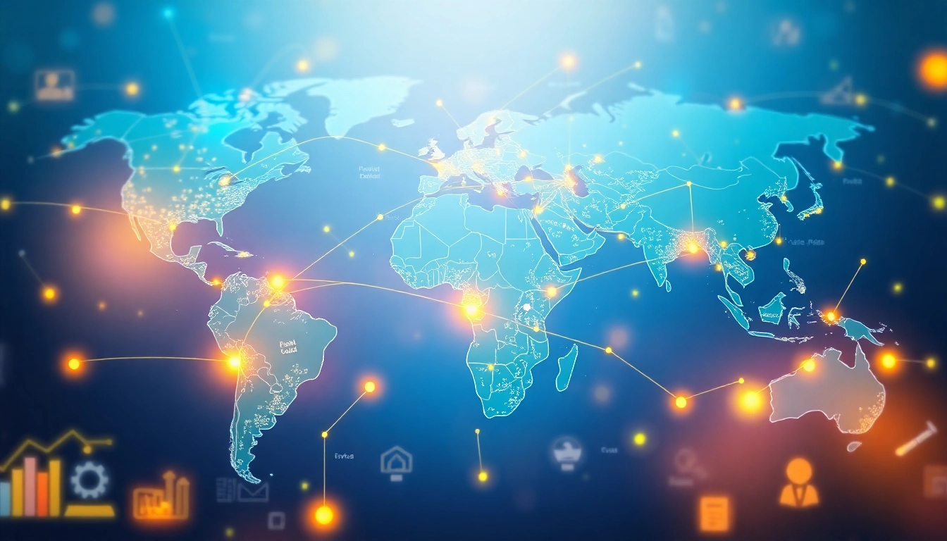 Discover a global business directory featuring interconnected businesses on a digital map.