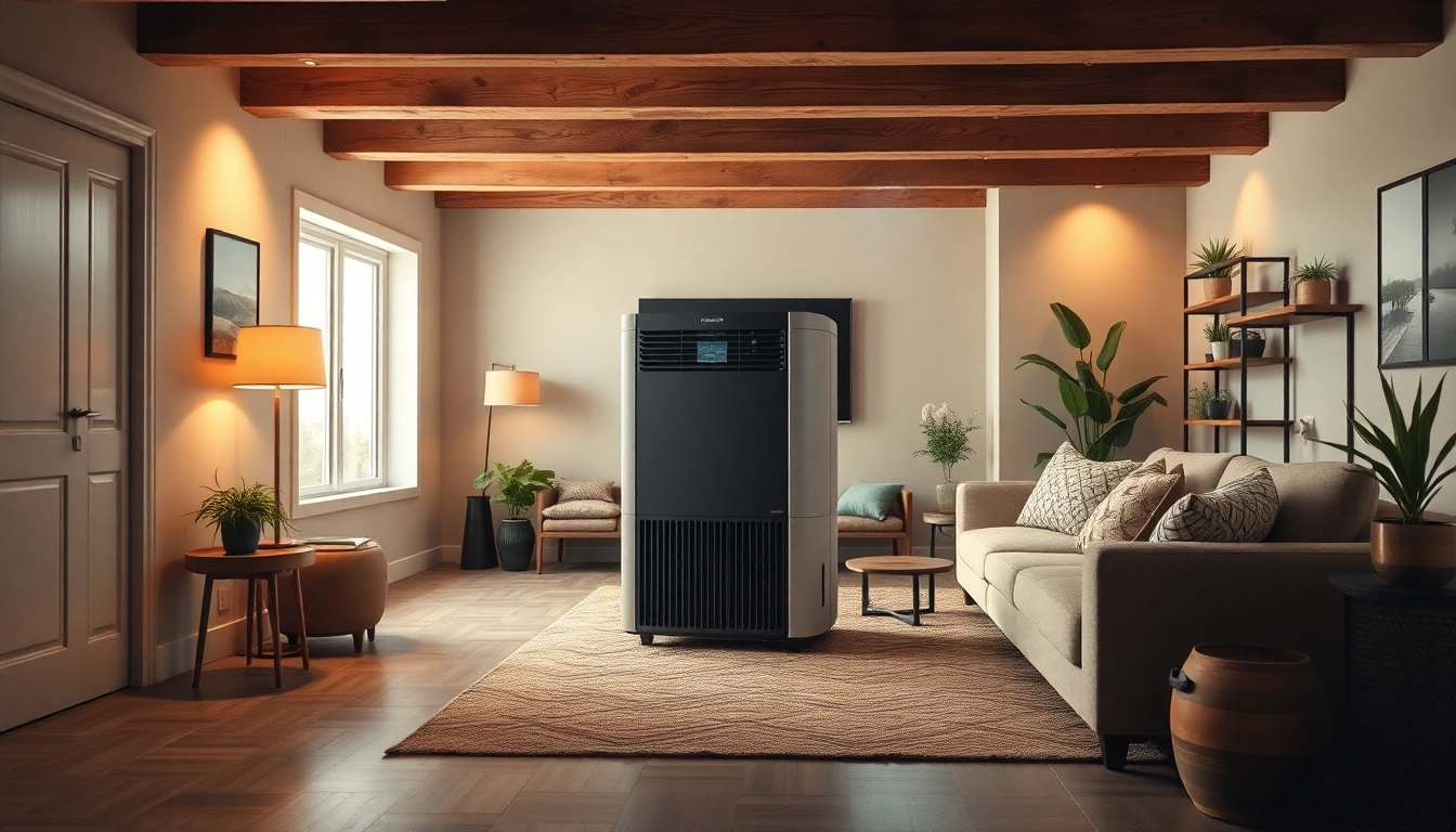 Efficient basement dehumidification unit in a cozy, modern basement design.