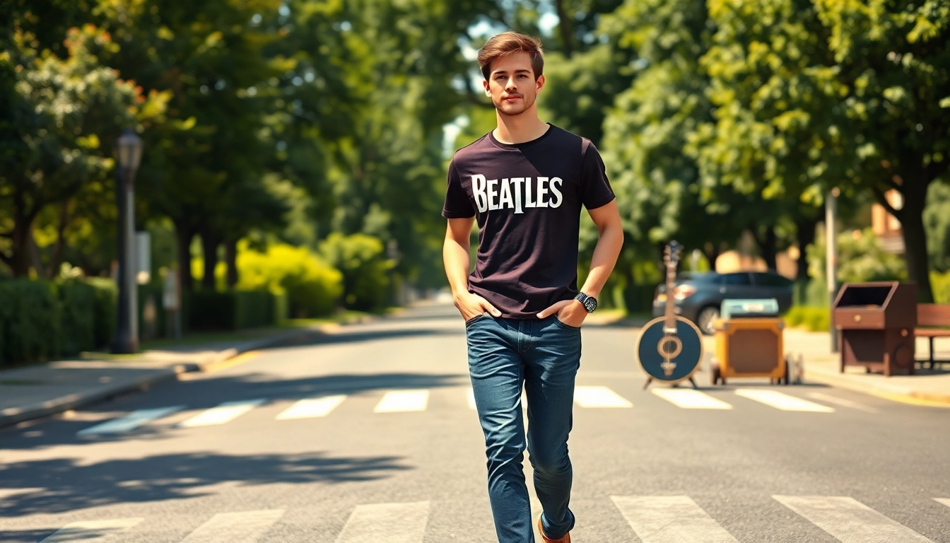 The Beatles Abbey Road shirt featured on a model walking along the iconic Abbey Road crossing with a vintage vibe.