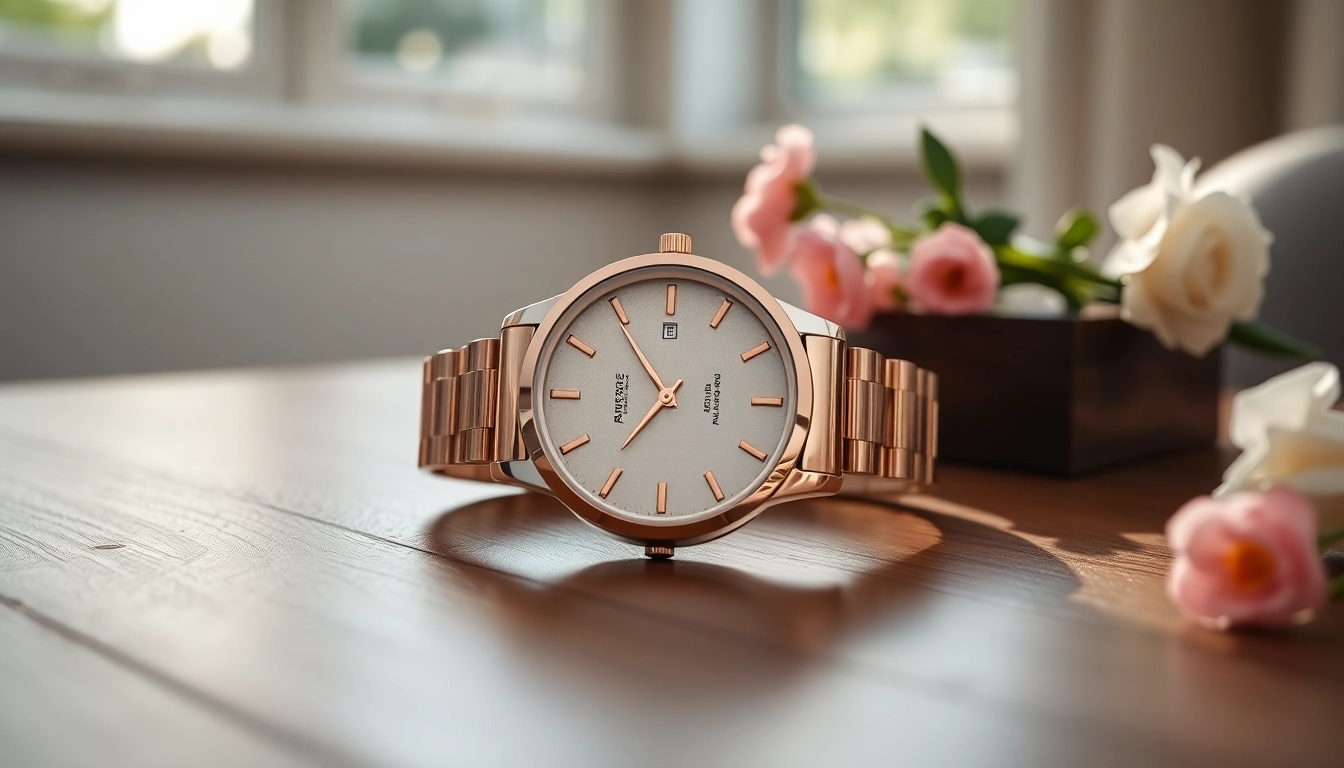 Luxurious Damen Armbanduhr mit minimalistischem Design und rosegoldener Farbe auf einem Holztablett.