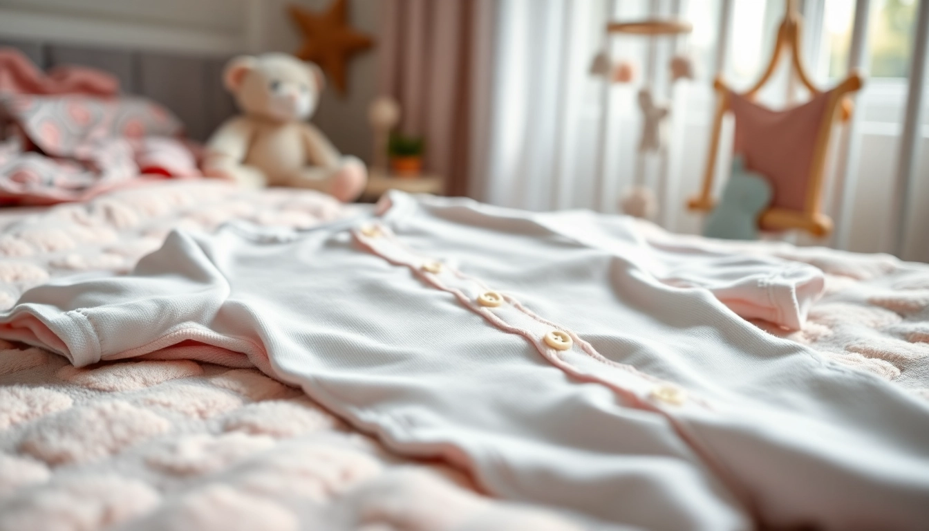 Showcasing a Baby onesie on a cozy pastel blanket with a comfortable nursery vibe.
